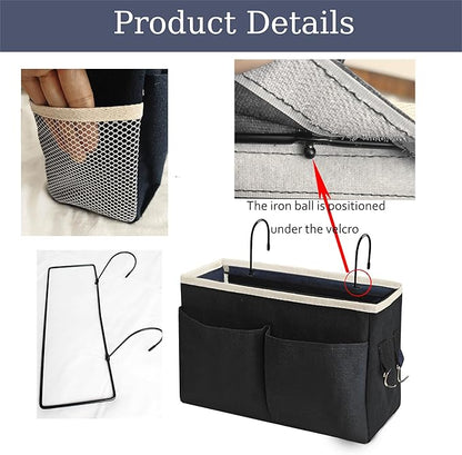 Someteth Bedside Caddy Bedside Hanging Storage Basket Multi-Function Organizer Caddy for Bunk and Hospital Beds Dorm Rooms Bed Rails, Can be Placed Glasses Books Mobile Phones（Black）