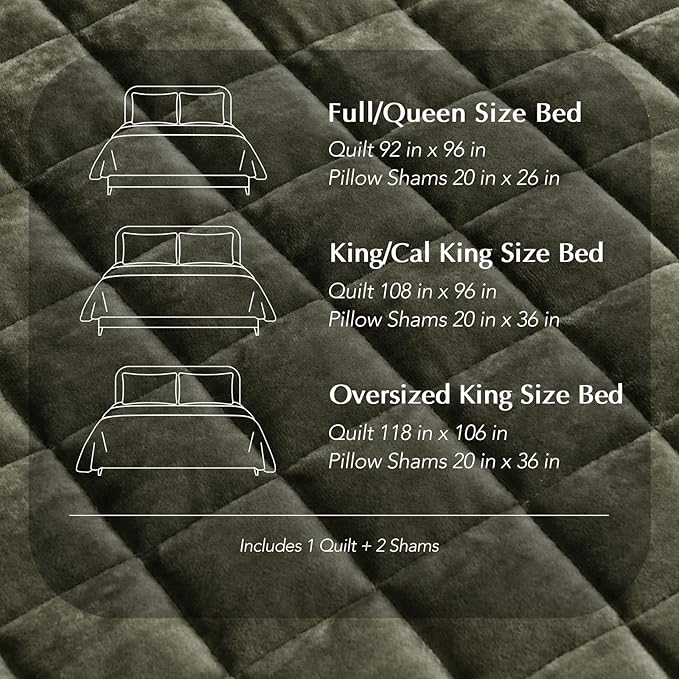 RECYCO Luxury Velvet Quilt Set King Size, Lightweight Velvet Comforter Set, Oversized Bedspread Coverlet Quilted Bedding Set, with 2 Matching Pillow Shams, for All Season, Olive Green
