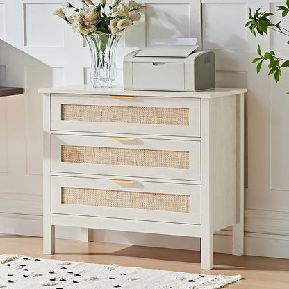 LEYAOYAO 31.5" Wide Rattan Nightstand, Large Boho 3 Drawer Night Stand, Grey White Bedside Table with Storage, Tall Bed Side End Tables, Chest of Drawers Dressers for Bedroom, Living Room, Hallway
