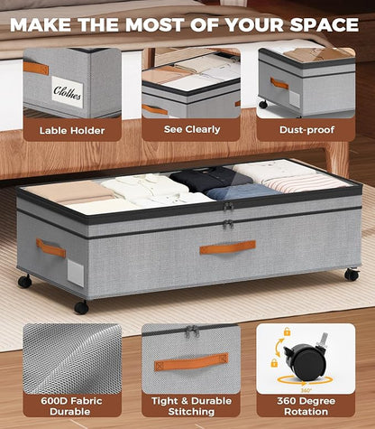 Under Bed Storage, 35.5 inches Under Bed Storage with Wheels, Large Capacity UnderBed Containers with Clear Lids, 2Pcs Rolling Under the Bed Storage for Clothes, Shoes, Blankets Black (Deep Gray)