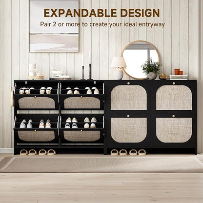 Nicetree Freestanding Arched Rattan Accent Ultra Slim Shoe Cabinet for Entryway - 4 Flip Drawers & 3-Tier Adjustable Shelves, Farmhouse Modern Rustic Shoe Rack for Hallway, Foyer, Living Room