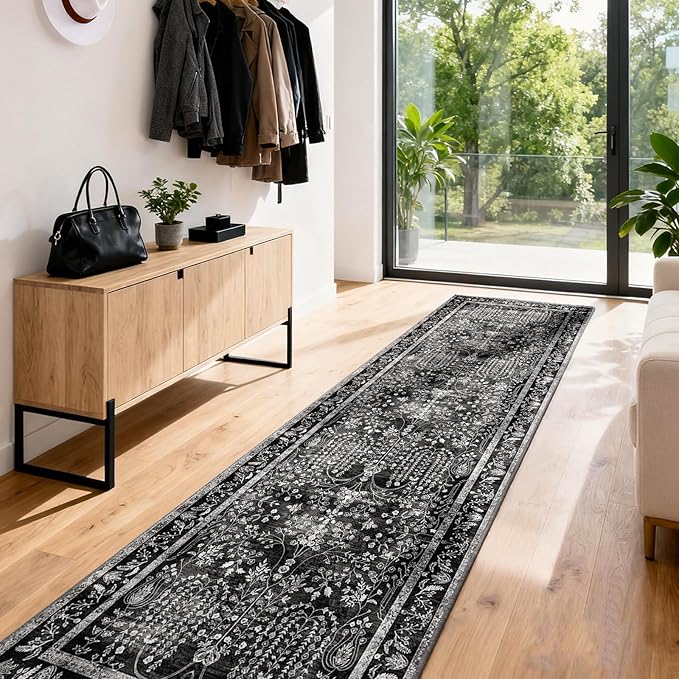 3x12 Long Hallway Runner Rug: Kitchen Rugs Non Slip Washable Low Pile Vintage Floral Runner with Rubber Backing Indoor Stain Resistant Carpet Runner for Bedroom Dining Living Room Black White