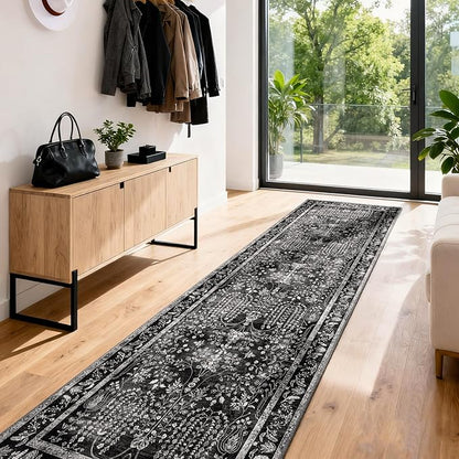 3x12 Long Hallway Runner Rug: Kitchen Rugs Non Slip Washable Low Pile Vintage Floral Runner with Rubber Backing Indoor Stain Resistant Carpet Runner for Bedroom Dining Living Room Black White