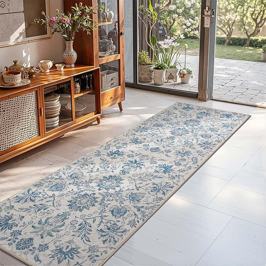 jinchan Torino Runner Rugs 2x5 - Vintage-Inspired Floral Design Machine Washable Non-Slip Ultra-Thin Low-Pile Rubber Backing Runner Rug for Kitchen Hallway Laundry Room Entryway Dark Blue