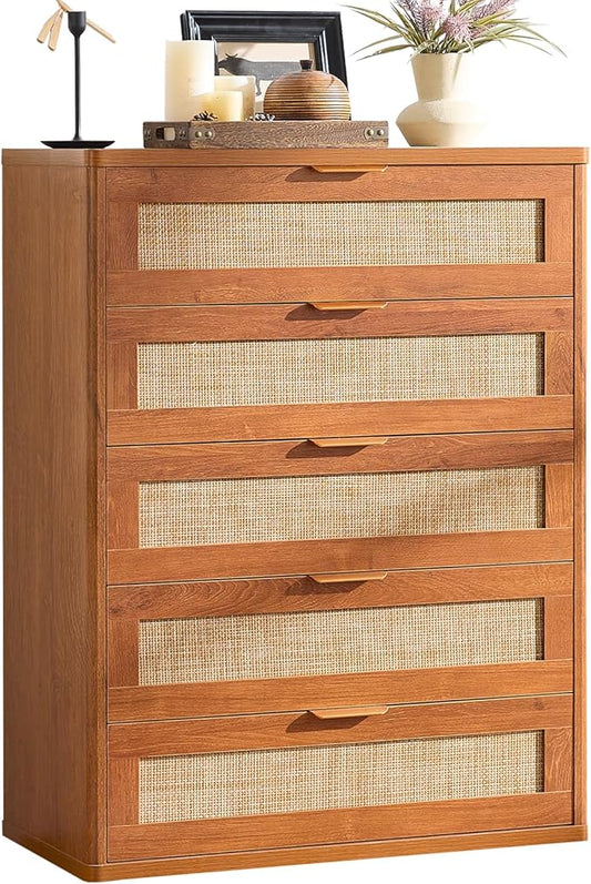 LEYAOYAO Dresser for Bedroom, 41" Tall Chest of Drawers, Modern 5 Drawers Boho Rattan Dressers with Storage, Dresser Wooden Closet Organizer for Living Room, Hallway, Tea Brown