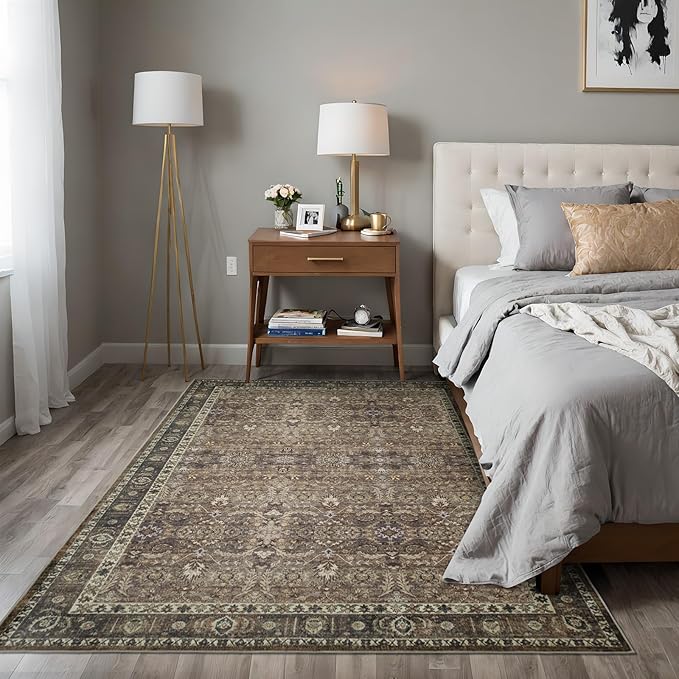 6x9 Vintage Washable Area Rug for Living Room,Low Pile Non Slip Carpet Non-Shedding Area Rug Soft Indoor Stain Resistant Rug Floral Print Mat for Bedroom Dining Room Brown Floral