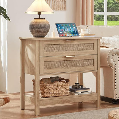 LEYAOYAO 31.5" Wide Rattan Night Stand with Charger Station, Oversized Large Boho Nightstand with 2 Drawer, Natural Wood Bed Side End Tables, Tall Bedside Table for Bedroom Living Room, Hallway