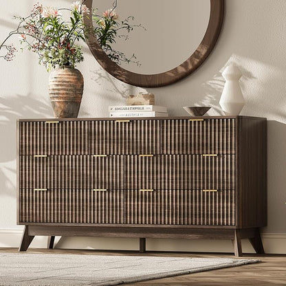 54'' Wide 7 Drawers Dresser for Bedroom,Modern Fluted Vertical Chest with Rounded Corners,Fluted Dresser for Living Room,Hallway, Walnut