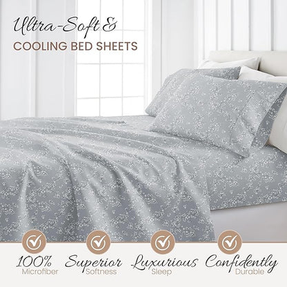 Linen Market Patterned Microfiber King Sheet Set 4 Piece – Oeko-TEX Certified Ultra Soft & Wrinkle-Free - 16" Deep Pocket Sheets - Easy Care King Size - Trellis Vine Light Gray