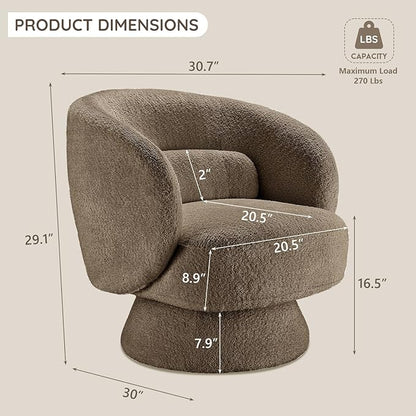 Swivel Accent Chair, Modern 360 Degree Swivel Barrel Chair with Arms & Curved Back and Lumbar Support Cushion, Comfy Round Single Boucle Sofa for Small Space, Living Room, Bedroom, Brown