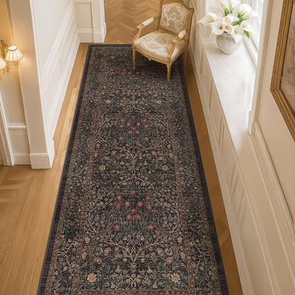 Dark Brown 2'6" x 8' Runner Rug for Hallways Non Slip, Extra Long Floor Runner for Kitchen, Entryway Indoor, Washable Rubber Backing Stain Resistant - Vintage Dark Green Botanical Floral Décor