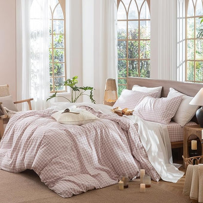 MooMee Gingham Duvet Cover Set 100% Washed Cotton Linen Like Textured Breathable Durable Soft Comfy Modern Checkered Design (Classic Gingham Greyish Pink, Oversized Full 82"x86")