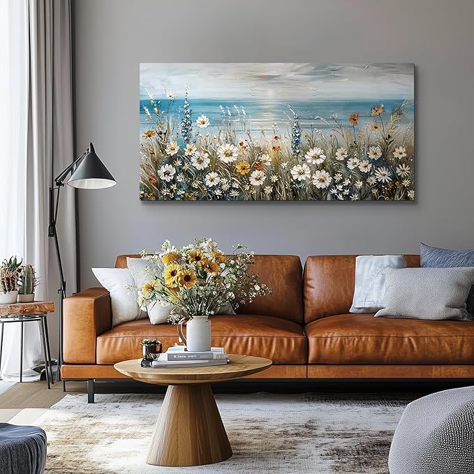 SERIMINO Coastal Landscape Wall Art Prints, Beach Daisy Large Canvas Prints, Wildflowers Paintings Modern Farmhouse Decor, Floral Pictures Wall Decor Living Room Dining Room Kitchen 20"X40"