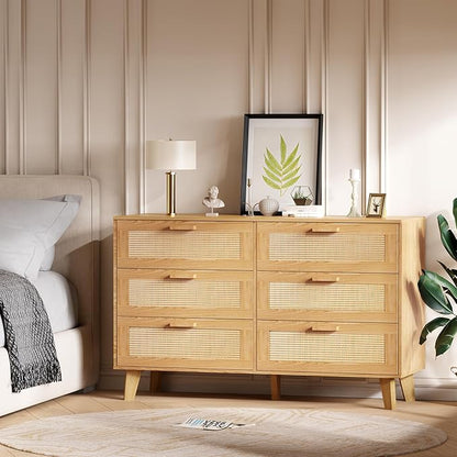 Wide Rattan Dresser, 6 Drawer Dressers Bedroom Furniture Large Storage Tower Unit, Dresser for Bedroom, Closet,Hallway, Walnut