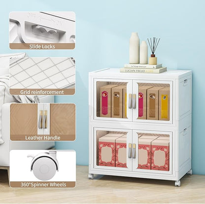 Large Clear Stackable Storage Bins with Lids, 90QT-45QT*2Tier Foldable Cabinet for Closet Organizers, Plastic Storage Box with Wheels White
