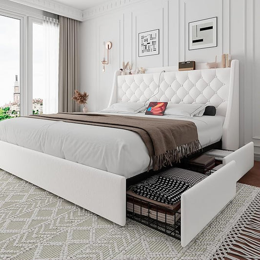 iPormis Queen Bed Frame with 4 Storage Drawers, Upholstered Platform Bed Frame with Type-C & USB Ports, Wingback Storage Headboard, Solid Wood Slats, No Box Spring Needed, White
