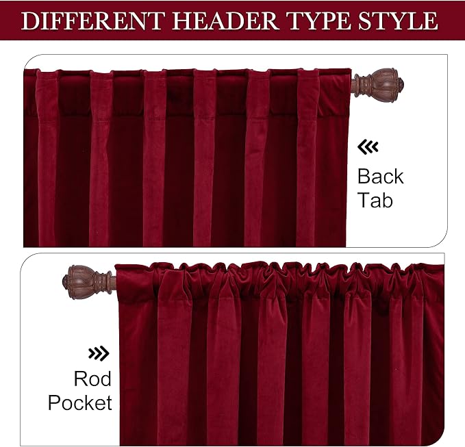 RYB HOME Red Theater Moive Velvet Curtains - Light & Heat Block Back Tabs Window Treatment Energy Efficient Privacy Protection Drapes for Hotel Villa Living Room, Ruby Red, W52 x L120 inches, 2 Panels