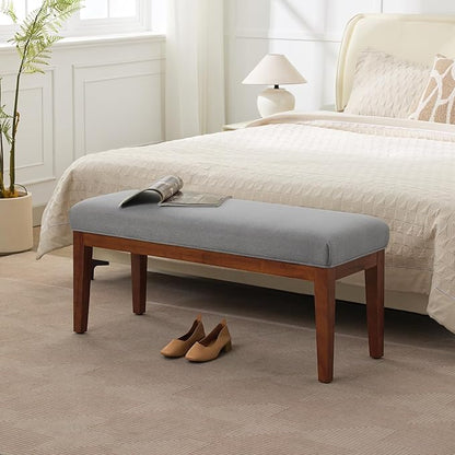 43.5'' Linen Bedroom Bench, Upholstered End of Bed Bench, Padded Vintage Dining Bench, Entryway Bench with Solid Wood Legs, Kitchen, Living Room, Hallway, Light Grey
