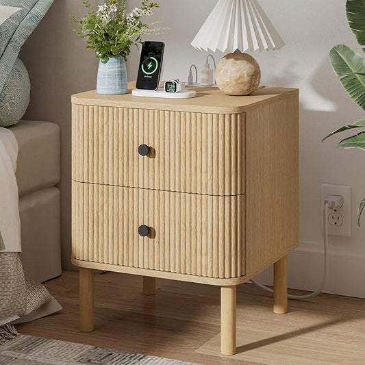 Night Stand with Charging Station, 18" Fluted Nightstand with Rounded Corners & Solid Wood Legs, 2 Drawers End Table with Storage, Mid Century Modern Bedside Table for Bedroom, Natural Oak
