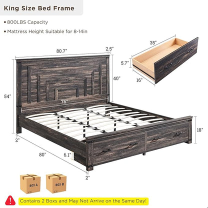 T4TREAM Farmhouse King Size Bed Frame with 54" Tall Geometric Headboard & 2 Large Storage Drawers, Rustic Wood Platform Bed with Wood Slats Support, No Box Spring Needed, Dark Rustic Oak
