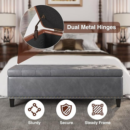 Large Storage Bench, 51-Inch Ottoman for Bedroom End of Bed, 30 Gallons Faux Leather Bench for Bedroom, Living Room, Entryway, Hallway, Grey