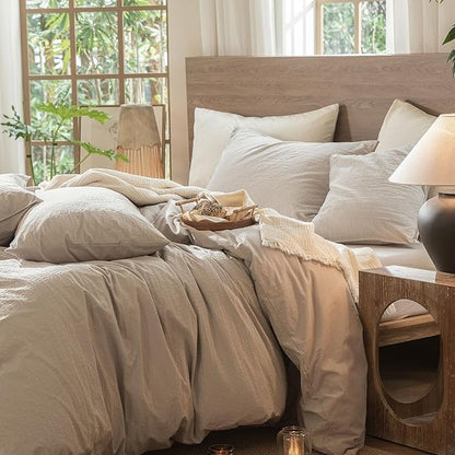 MooMee Wavy Striped Duvet Cover Set 100% Washed Cotton Linen Like Textured Breathable Durable Soft Comfy (Beige, Cal King 104"x98")