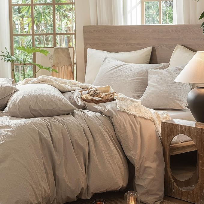 MooMee Wavy Striped Duvet Cover Set 100% Washed Cotton Linen Like Textured Breathable Durable Soft Comfy (Beige, Queen 90"x90")
