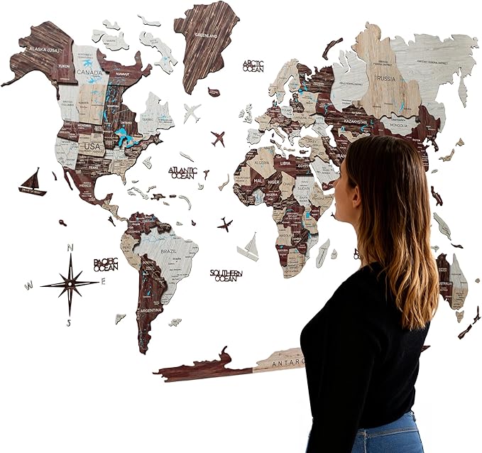 Handmade 3D Wood World Map Wall Art Large Wall Decor Track Your World Travels - Special for Home, Kitchen and Office (Large, Cappuccino)