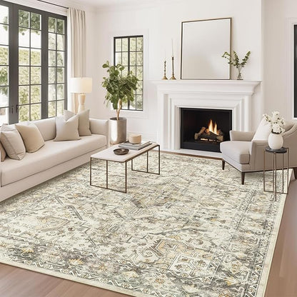 zesthome 5x7 Area Rugs - Ultra-Thin Washble Rug, Stain Resistant Anti Slip Backing Rugs for Living Room,Bedroom, Vintage Home Decor Area Rug (Beige/Brown,5'x7')