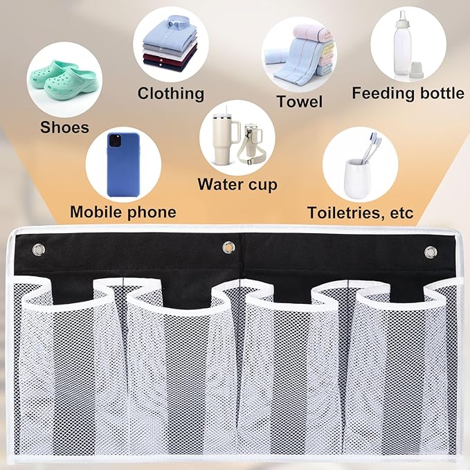 Bed Hanging Shoe Organizers with 3pcs Hooks, 4 Mesh Pocket Bedside Hanging Shoes Holder, Behind Door Storage Pockets for RV Dorm Entryway Bedroom Closet