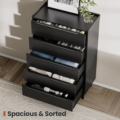48" Tall Black Dresser for Bedroom, Modern 5 Drawer Chest of Drawers with Wood Grain Finish, Slim Vertical Storage Cabinet with Raised Edge Top, Anti-Tip Kit