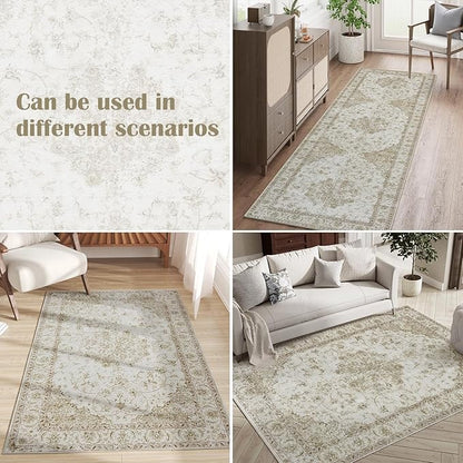 jinchan 6x9 Area Rugs Machine Washable Rug for Living Room - Stain Resistant Vintage Floral Medallion Ultra-Thin Low Pile Non-Slip Indoor Carpet for Bedroom Dining Room Kitchen (6x9ft,Blush)