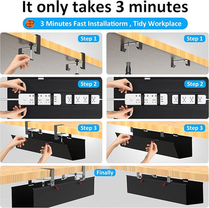 Under Desk Cable Management Tray - Under Desk Cord Management - Clamp/Screw Mount - Fabric Wire Management - Cable Raceways Tray Cord Hiders for Office/Home (Black, 35.8"×5.6")
