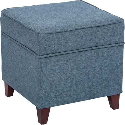 Adeco 17" Square Ottoman with Storage, Small Blue Storage Ottoman Foot Rest with Hinged Lid & Solid Wood Legs, Linen Fabric Foot Stool for Living Room & Bedroom, Seasonal Home Refresh & Gifting