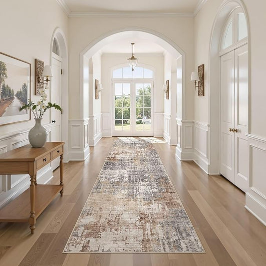 3x10 Washable Runner Rug for Hallway: Soft Neutral Modern Abstract Low Pile Rug Indoor - Carpet for Bedroom Dining Room Kitchen Entryway - Grey Brown