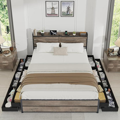 King Size Wooden Bed Frame with 12 Storage Drawers and Headboard, Farmhouse Platform Bed Frame with Charging Station, No Box Spring Needed, Stable and Solid, Noise Free. (Oak, King)