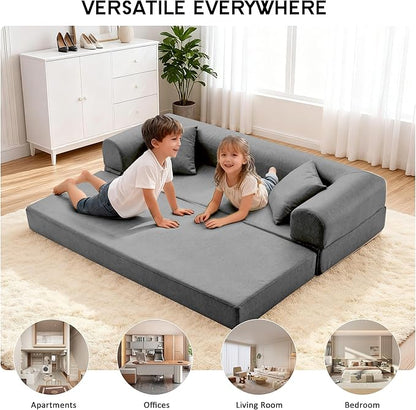 78.5" Convertible Sleeper Sofa Bed, Faux Leather Deep Seat Folding Floor Sofa with Pullout Bed & 2 Pillows, No Assembly Modern Boneless Couch Compression Sofa in Box for Living Room, Office, Gray