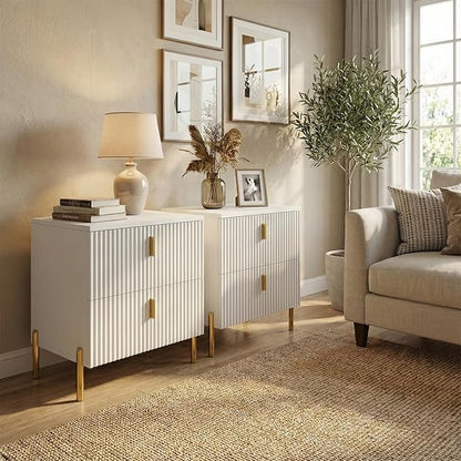 Luxury Fluted Night Stand, Nightstand with 2 Drawers, Modern Bedside Table with Golden Legs and Handles, End Tables for Living Room Bedroom, White