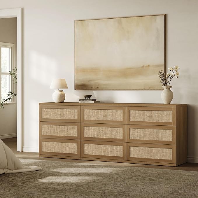 SICOTAS Dresser for Bedroom - 50" Wide 6 Drawer Dresser Rattan Dressers & Chests of Drawers Boho Drawers for Bedroom Bedside Table Clothes Large Closet Storage for Closet Hallway Entryway