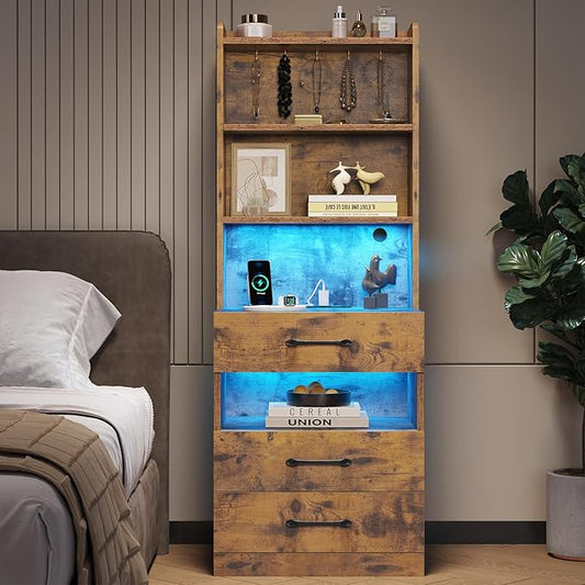 VIAGDO Tall Nightstand with Charging Station and LED Lights, Rustic Brown Night Stand with Bookshelf, Modern LED Bedside Table with 3 Drawers and Storage Shelves, End Side Table for Bedrooms, Dorms