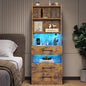 VIAGDO Tall Nightstand with Charging Station and LED Lights, Rustic Brown Night Stand with Bookshelf, Modern LED Bedside Table with 3 Drawers and Storage Shelves, End Side Table for Bedrooms, Dorms