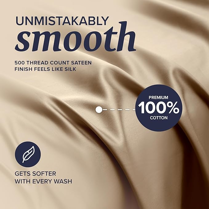Beckham Hotel Collection King Sheet Set 100% Cotton, 500TC Luxury Sateen Bedding, 16” Deep Pocket, Moisture-Wicking, 4-Piece, Sand
