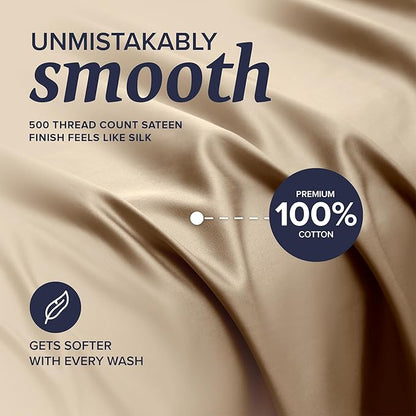 Beckham Hotel Collection Twin XL Sheet Set 100% Cotton, 500TC Luxury Sateen Bedding, 16” Deep Pocket, Moisture-Wicking, 3-Piece, Sand