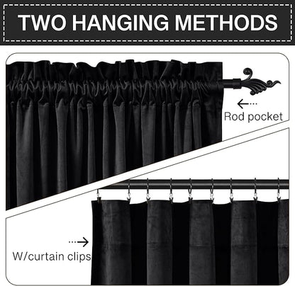 StangH Black Velvet Curtains 96 inches Long - Blackout Thermal Insulated Drapes Energy Smart Repel Summer Hot & Winter Cold Privacy Panels for Home Theater, Black, 52 x 96 inches, 2 Pcs
