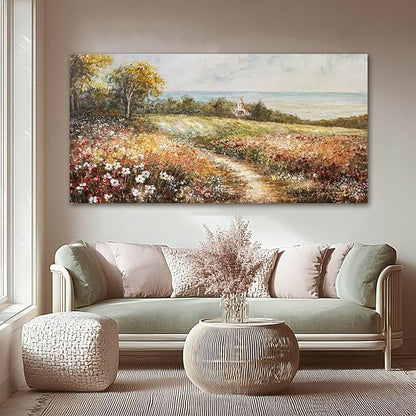 YETHEN WAL Floral Wildflower Meadow Wall Art – Countryside Cottage Landscape Canvas Print, Rustic Farmhouse Coastal Décor for Hallway Living Room Bedroom, 20×40 Inch