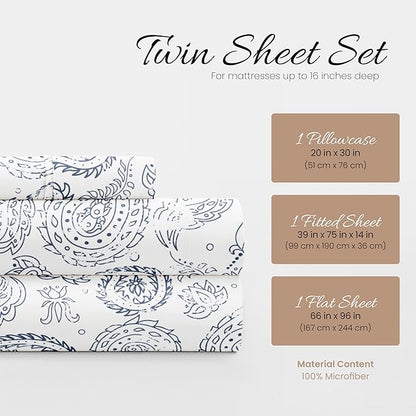 Linen Market Double-Brushed Patterned Microfiber Twin Sheet Set 3 Piece – Oeko-TEX Certified Ultra Soft & Wrinkle-Free - 16" Deep Pocket Sheets - Easy Care Twin Size - Coarse Paisley Navy