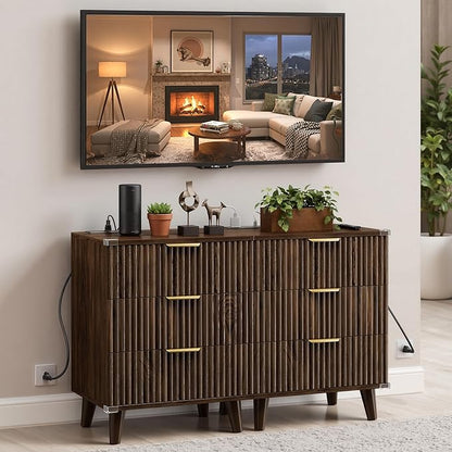 Fluted Nightstand with USB Charging Station, 3-Drawer Dresser Bedside Table with Soft Close Drawers & Large Storage, Modern Wood End Table for Bedroom