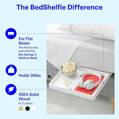 BedShelfie Bedside Shelf for Dorm Room Bunk Bed & Top Bunk, College Dorm Room Essentials, Bedside Caddy, Clip on Floating Desk Tray, Bed Side Table Storage, Loft Nightstand Decor- White Wood Slide