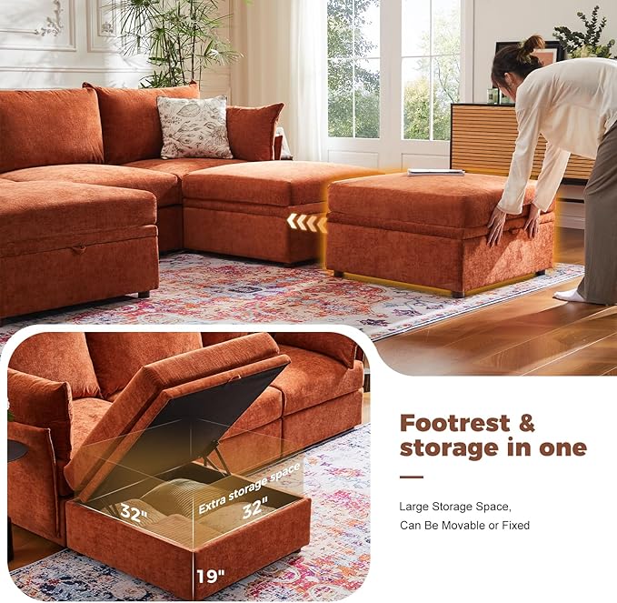 ABCASA 102.6" U Shaped Modular Sectional Sofa, 5 Seater Couch with Storage Ottoman Deep Seat and High Backrest with Removable Cover for Living Room, Apartment - Chenille Terracotta Orange