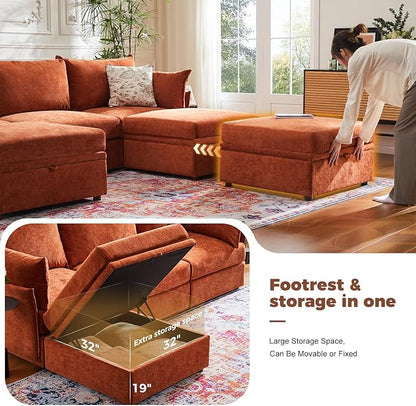 ABCASA 134.6" Oversized Modular Sectional Sofa, 6 Seater U Shaped Couch with Storage Ottoman with Reversible Chaise Deep Seat for Living Room, Apartment - Chenille Terracotta Orange